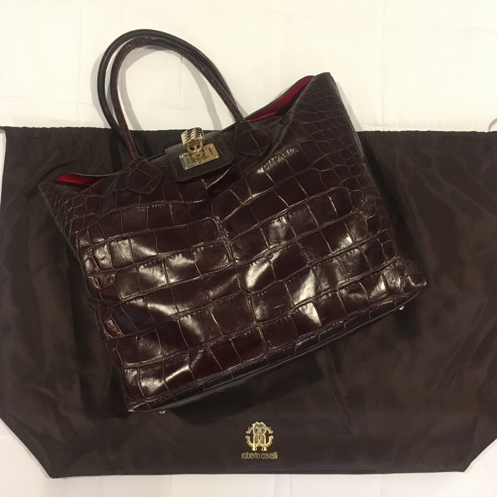 Roberto Cavalli Croc Embossed Leather Tote